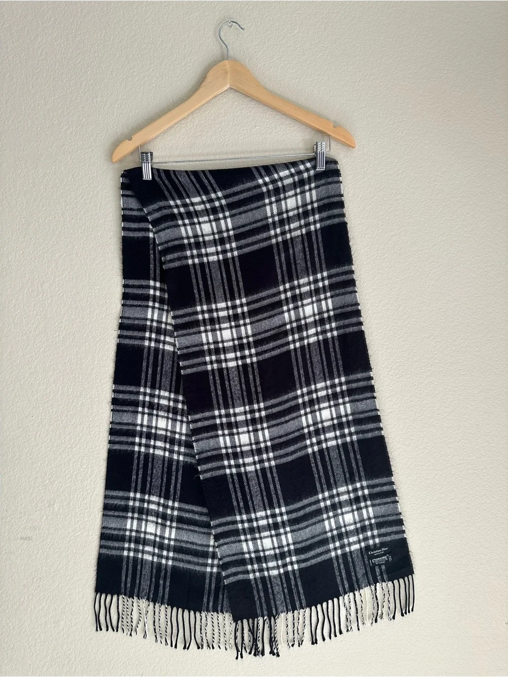 Christian Dior Black & White Plaid Fringed Men's Scarf
